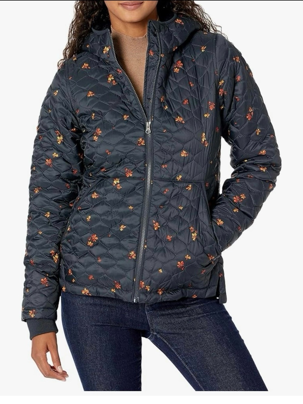 NWT-Black, Leafy Floral Print, Midweight Quilted Puffer Jacket, Size XL